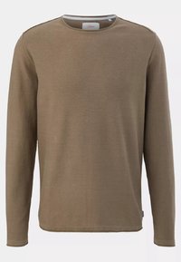 Camicia marrone a maniche lunghe realizzata in tessuto morbido. Presenta un collo tondo e un design semplice e minimalista, senza fantasie o decorazioni.