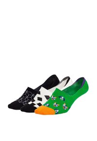 Drei Paar unsichtbare Socken. Schwarz mit weißem geometrischem Muster, schwarz-weißes Rautenmuster und grün mit Hundemotiven und orangefarbener Spitze.