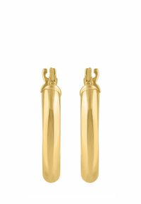 Zlaté kruhové náušnice s hladkým, lešteným povrchom a zakriveným dizajnom; obsahujú bezpečné zapínanie a jemné dekoratívne prvky.