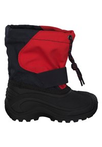 Botte d'hiver noire résistante à l'eau avec une tige en textile rouge et marine, fermeture à bascule élastique et semelle en caoutchouc texturé pour une meilleure adhérence.