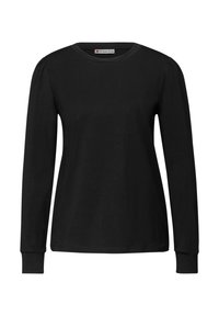 Schwarzes Langarmshirt aus Baumwolle mit rundem Ausschnitt, enganliegenden Bündchen und dezenten Raffungen an den Schultern.