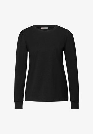 Sort langærmet skjorte lavet af bomuld med rund halsudskæring, tætsiddende manchetter og diskret rynkning ved skuldrene.