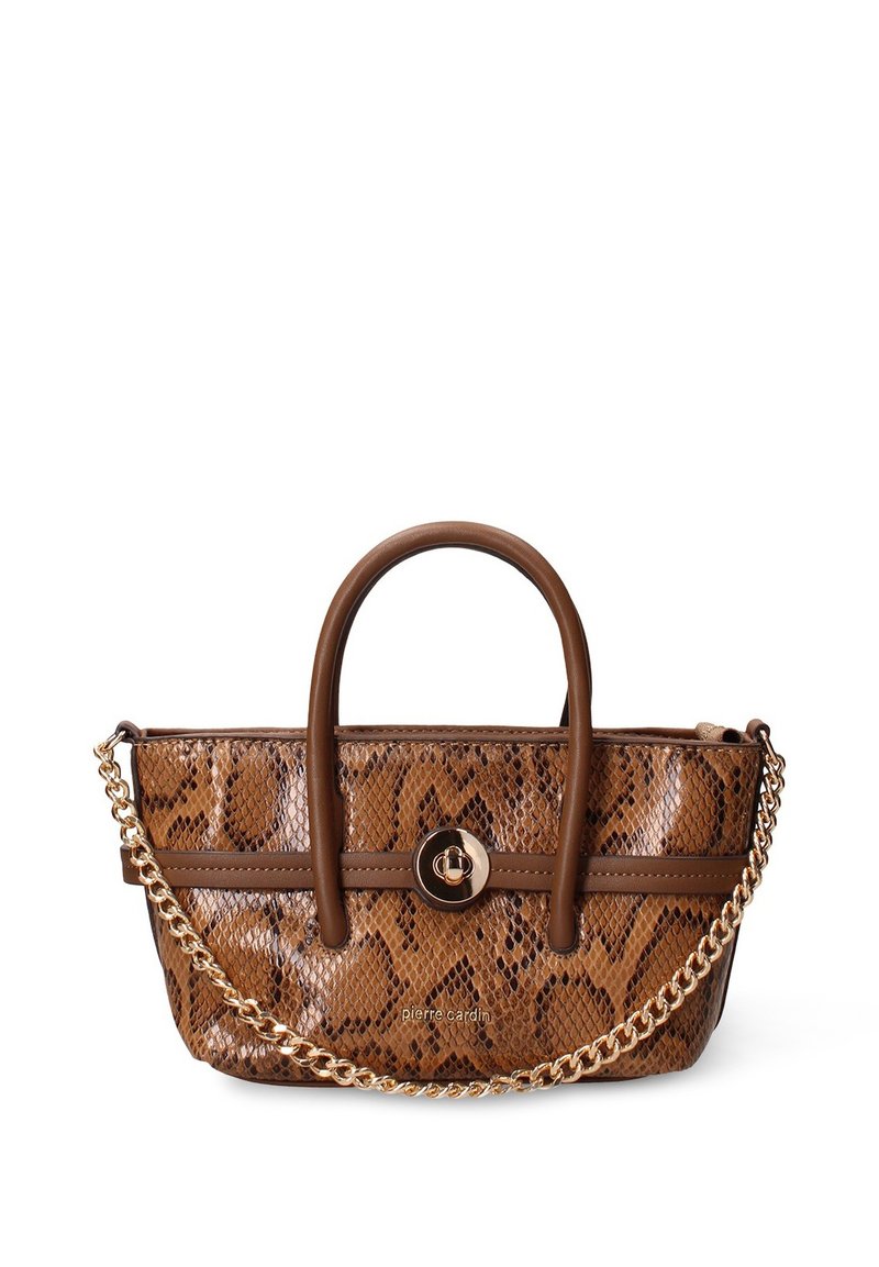 Handtas met bruin slangenprint, glad leren handvatten, kettingriem en een ronde logoklap. Heeft een gestructureerde rechthoekige vorm.