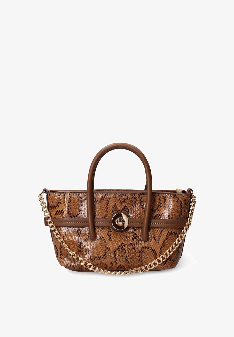 Handtas met bruin slangenprint, glad leren handvatten, kettingriem en een ronde logoklap. Heeft een gestructureerde rechthoekige vorm.