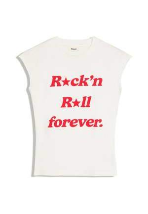 Biała koszulka bez rękawów z czerwonym napisem "Rock'n Roll forever." oraz symbolami gwiazdek zastępującymi literę "o" w Rock'n and Roll.