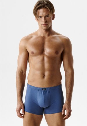 Męźczyzna o umięśnionej sylwetce i krótkich blond włosach, ubrany w dopasowane niebieskie bokserki, stoi na tle jednolitego białego tła.