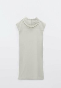 Robe beige clair sans manches à capuche avec une coupe droite, présentée à plat sur un fond blanc, montrant le dos.