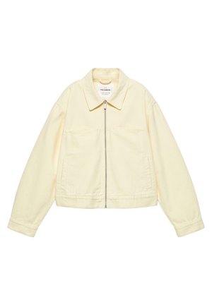 Svetlo béžová bunda na zips s golierom, dlhými rukávmi a dvoma prednými vreckami, položená na bielom pozadí.