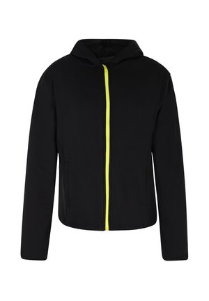 Sort hættejakke med lynlås, der har en lys gul lynlås, to sidelommer og en blød tekstur. Casual design med en afslappet pasform.