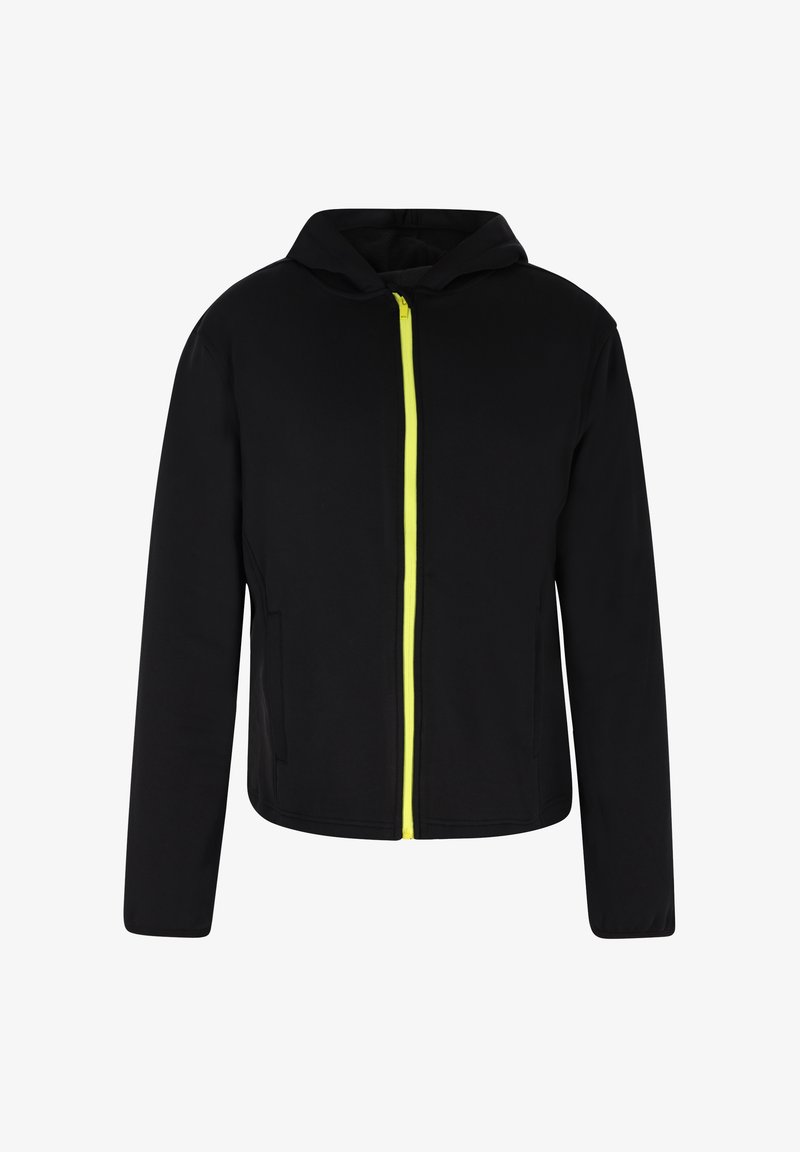Zwarte hoodie met een ritsluiting en een felgele rits, twee zijzakken en een zachte textuur. Casual ontwerp met een relaxte pasvorm.
