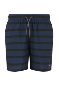 Shorts de bain bleu marine avec des rayures horizontales noires, taille élastique et cordon de serrage ajustable. Tissu léger, longueur au-dessus du genou.