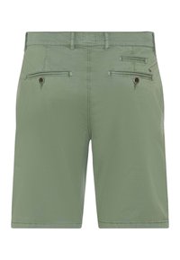 Light green men's shorts with belt loops, two buttoned back pockets, and two additional small stitched pockets on the rear.