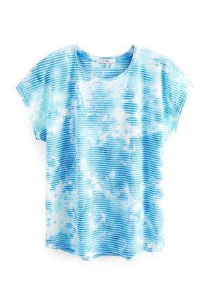 T-shirt à manches courtes avec un motif tie-dye bleu et blanc et des rayures horizontales, col rond et coupe ample.