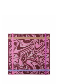 Tissu marbré dans des tons de bordeaux et de rose, avec des rayures violettes et beige sur les bords supérieur et inférieur. Texture douce.