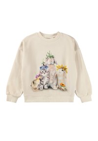 Beige Sweatshirt mit Rundhalsausschnitt, versehen mit einem bedruckten Design eines Kaninchens, Kätzchens, Entenläufers und zwei Kaninchen, die mit Blumen geschmückt sind.