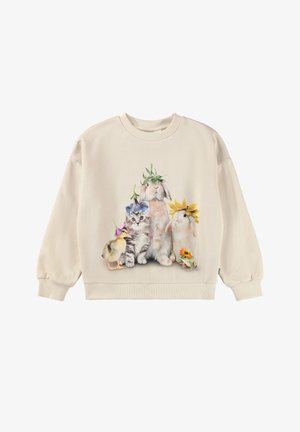 Bež hoodie s okruglim izrezom, s printom dizajna na kojem su zec, mače, pačić i dva zeca ukrašena cvijećem.