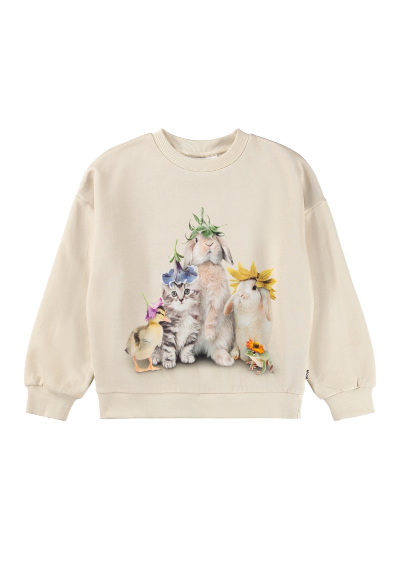 Beige Sweatshirt mit Rundhalsausschnitt, versehen mit einem bedruckten Design eines Kaninchens, Kätzchens, Entenläufers und zwei Kaninchen, die mit Blumen geschmückt sind.