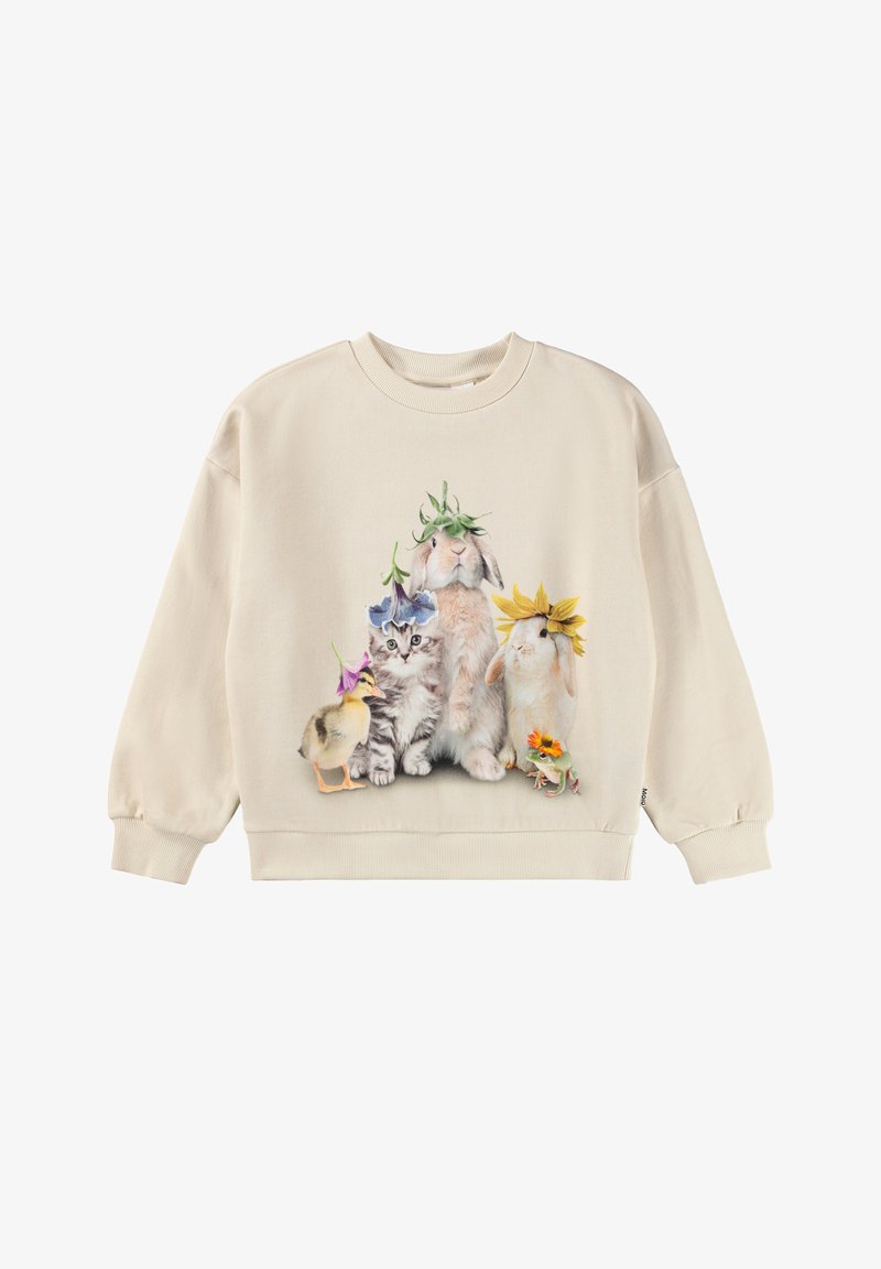 Beige Sweatshirt mit Rundhalsausschnitt, versehen mit einem bedruckten Design eines Kaninchens, Kätzchens, Entenläufers und zwei Kaninchen, die mit Blumen geschmückt sind.