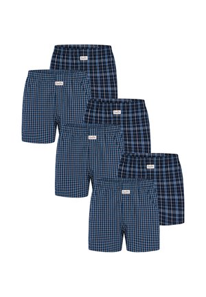 Sei paia di boxer da uomo con elastico in vita in fantasie a quadri alternati blu scuro e nero, disposti in una pila sfalsata.