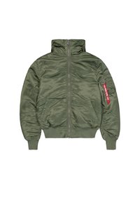 Olive green bomber jacket with a glossy texture, high collar, zip front, side pockets, and a red patch on the left sleeve.