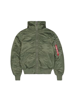 Olive green bomber jacket with a glossy texture, high collar, zip front, side pockets, and a red patch on the left sleeve.