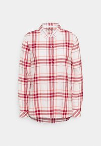 Chemise à carreaux avec une base blanche et des tons rouges et pêches, à bouton sur le devant, col et manches longues, fabriquée en tissu léger.