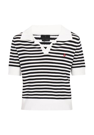 Fekete-fehér csíkos pólóing fehér gallérral, rövid ujjakkal és vörös horgonyhímzéssel a mellrészen. Kötött textúra, laza szabás.
