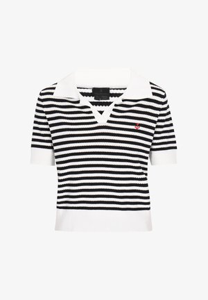 Fekete-fehér csíkos pólóing fehér gallérral, rövid ujjakkal és vörös horgonyhímzéssel a mellrészen. Kötött textúra, laza szabás.