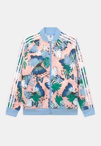 Floral print zip-up jacket with blue and pink hues, featuring polyester material, ribbed cuffs and hem, and three white stripes on sleeves.