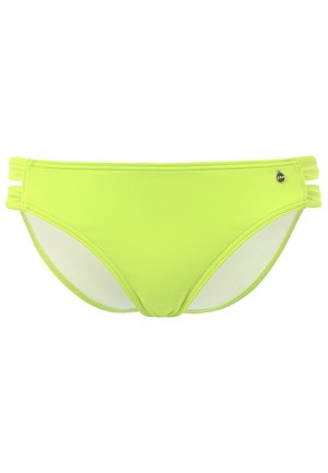 Neon-gelbe Bikini-Höschen mit Netz-Seitenpaneelen, strukturierten Nähten und Logodetail vorne. Glatte Textur mit elastischem Bund.