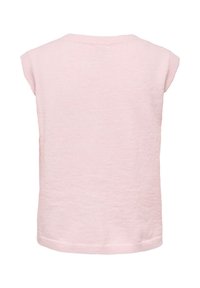 Pull sans manches en tricot rose clair avec col rond, présenté de dos sur un fond blanc.