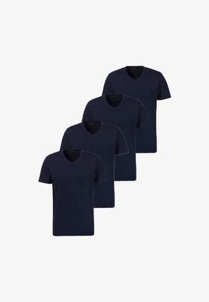 Vier marineblauwe V-hals t-shirts van katoen. Korte mouwen, standaard pasvorm, gladde textuur, geen zichtbare patronen of accenten.