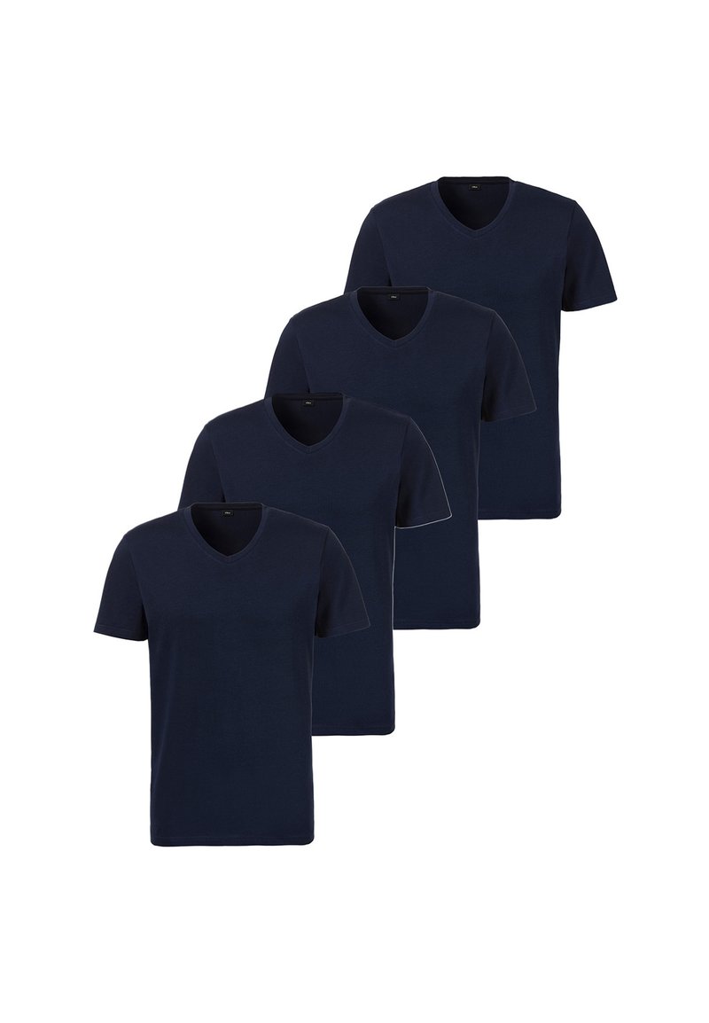 Cztery granatowe t-shirty z dekoltem w serek, wykonane z bawełny. Krótkie rękawy, standardowy krój, gładka faktura, brak widocznych wzorów lub akcentów.