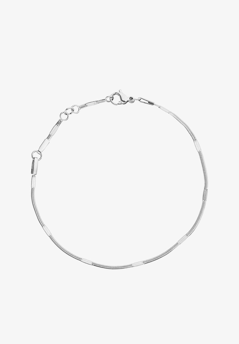 Bracelet délicat en chaîne d'argent avec fermoir mousqueton et maillons réglables, présenté en forme circulaire sur fond blanc.