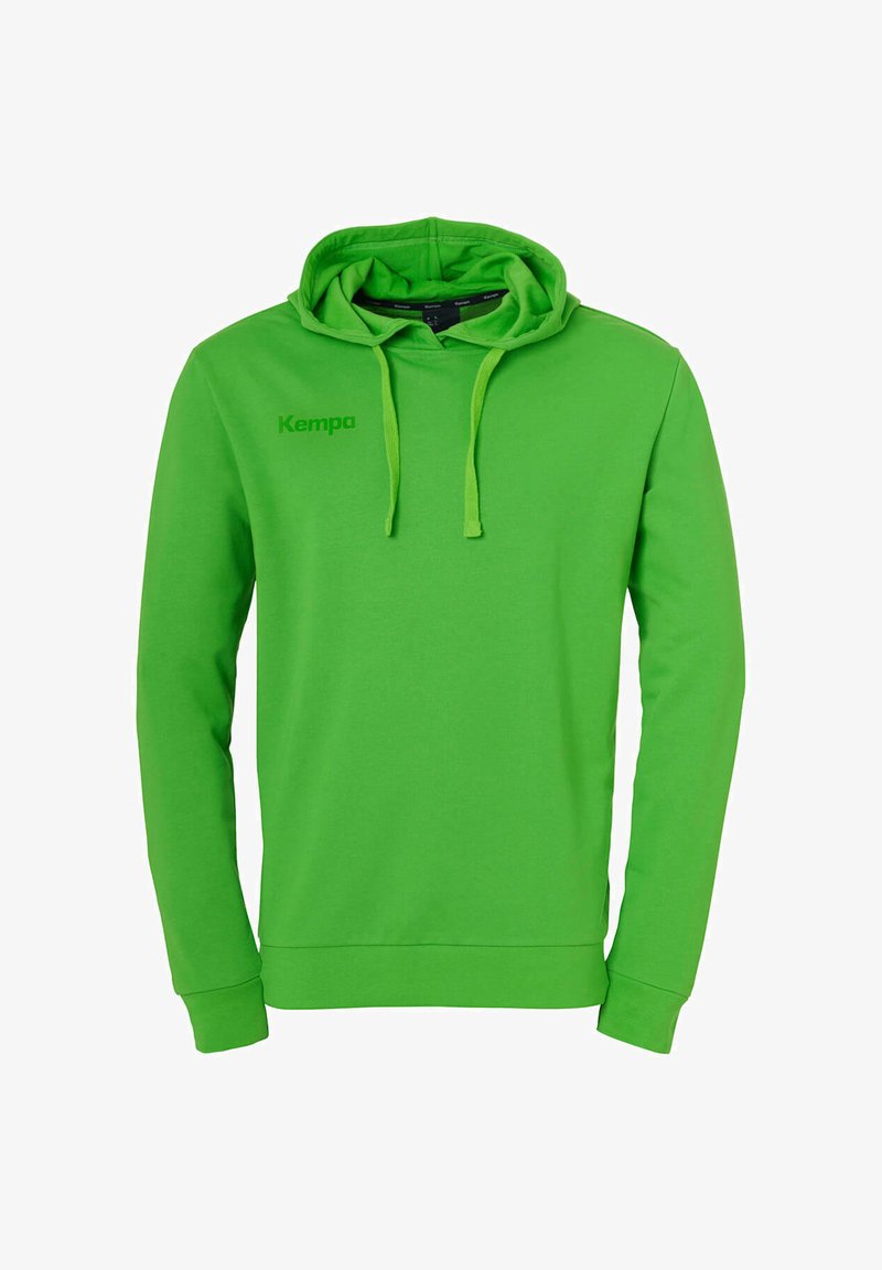 Sweat-shirt à capuche verte, fabriqué en matériel doux avec des manches longues, comportant une poche avant, une capuche avec cordon de serrage, et un logo "Kempa" de couleur assortie.