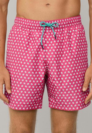 Rosa Schwimmshorts mit einem weißen, gepunkteten Muster, elastischem Bund und blauen Kordelzug-Details. Glattes Material mit einer lockeren Passform.