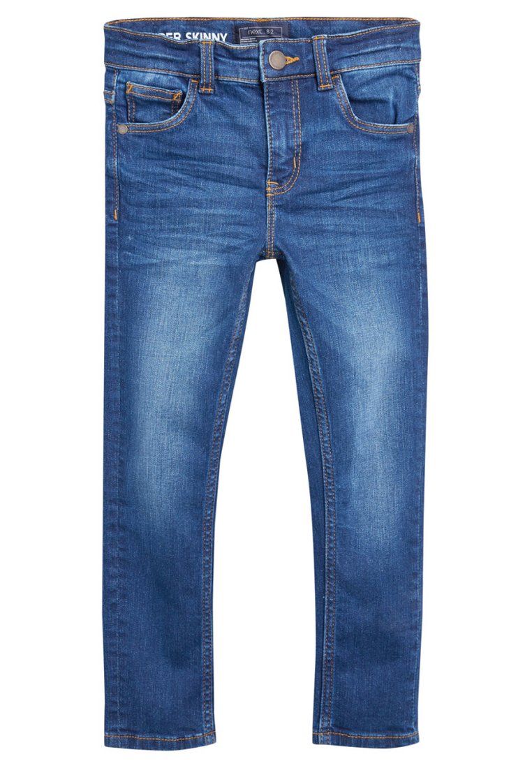 Tajta jeans i mellanblå denim, med en femficksdesign, kontrasterande sömmar och en knappstängning vid midjan.