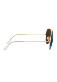 Occhiali da sole aviator in metallo dorato con lenti blu, dotati di una barra superiore curva e punte in gomma bianca sulle tempie per una vestibilità sicura.