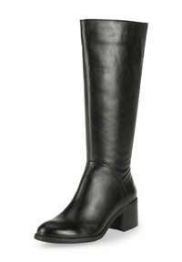 Bota de cuero negro hasta la rodilla con tacón cuadrado, textura suave, punta redondeada y detalles cosidos en la parte superior.