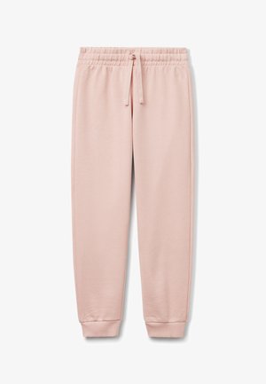 Pantaloni della tuta rosa chiaro con cintura elastica e cordino, caviglie elastiche e tasche laterali, esposti su uno sfondo bianco.