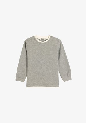 Szara koszulka z długim rękawem wykonana z prążkowanego materiału, z kremowym dekoltem i wykończeniem. Prosty design z dopasowanymi rękawami i bez wzorów.