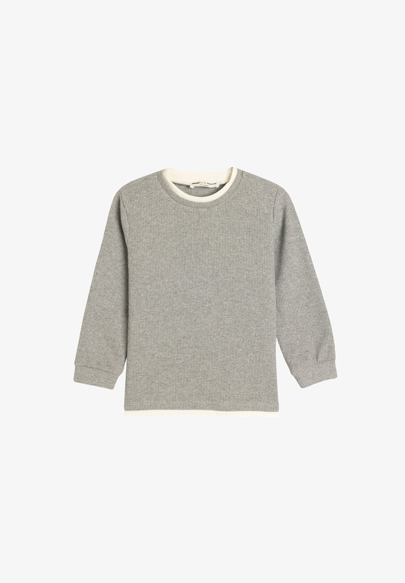Graues Langarmshirt aus Rippstoff mit einem cremefarbigen Ausschnitt und Saum. Einfaches Design mit taillierten Ärmeln und ohne Muster.