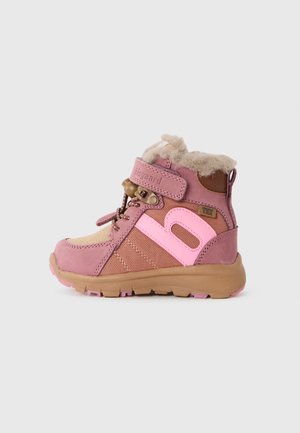 Pink leather and textile mid-top boots feature a soft fur collar, Velcro strap, and rubber sole with textured accents and a logo detail.