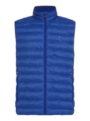 Blauwe mouwloze gewatteerde vest met een hoge kraag, ritssluiting aan de voorkant en zijzakken. Met horizontale gestikte secties en logodetail.