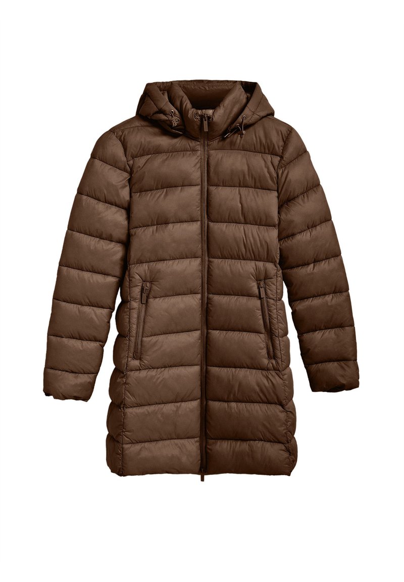 Brun puffjacka med huva, med ett quiltat mönster, två framfickor med dragkedja och justerbara dragsnören vid halslinningen.