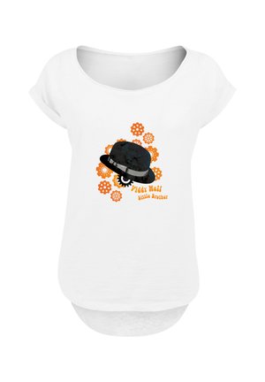 White short-sleeve t-shirt featuring a black bowler hat graphic. Orange cogwheel design in the background with "Viddy Well Little Brother" text.