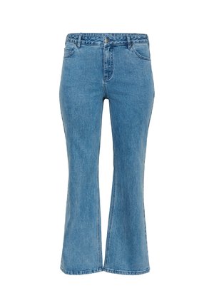 Gaiši zili džinsa džinsi ar augstu jostasvietu, izplatītiem kāju galiem, piecām kabatām un priekšpuses aizdari ar pogu. Gluda tekstūra ar tīru apdari.