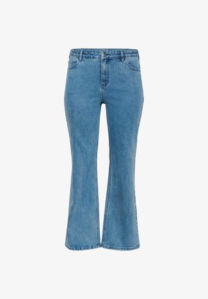 Gaiši zili džinsa džinsi ar augstu jostasvietu, izplatītiem kāju galiem, piecām kabatām un priekšpuses aizdari ar pogu. Gluda tekstūra ar tīru apdari.