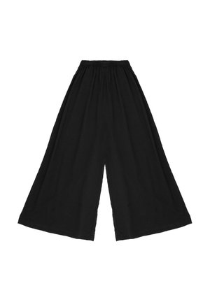 Czarne spodnie o szerokich nogawkach z elastycznym pasem, wykonane z lejącej się tkaniny, ułożone płasko na białym tle.