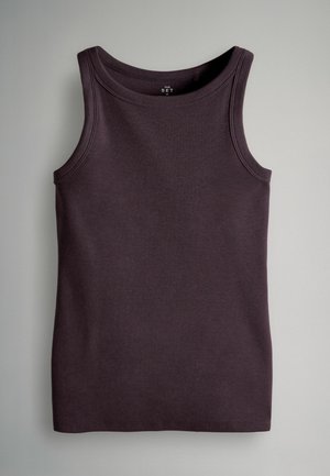 Tumši violets ribots bezmuguras krekls ar plašu kakla izgriezumu. Gluda tekstūra un taisna apakšmala, piemērots slāņošanai vai ikdienas valkāšanai.